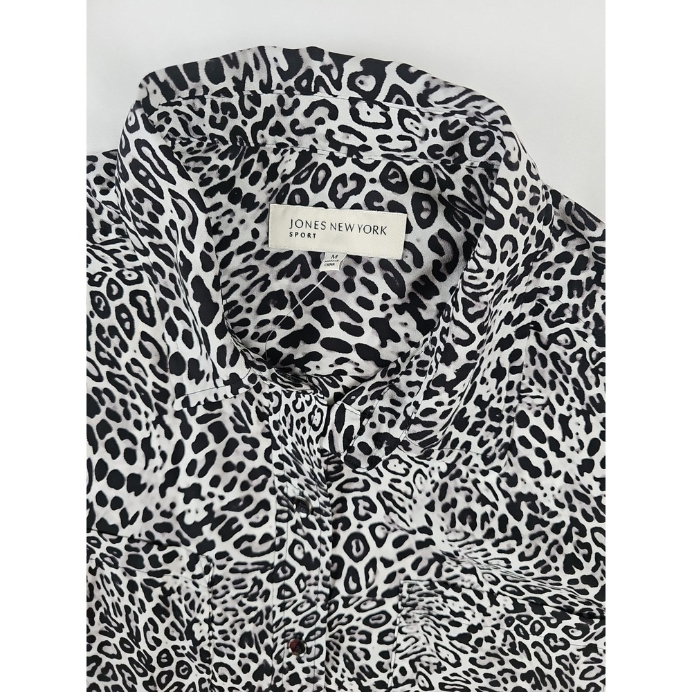 Jones New York Animal Print Shirt Silky Black White Leopard Roll Sleeve Sz M - Picture 4 of 7